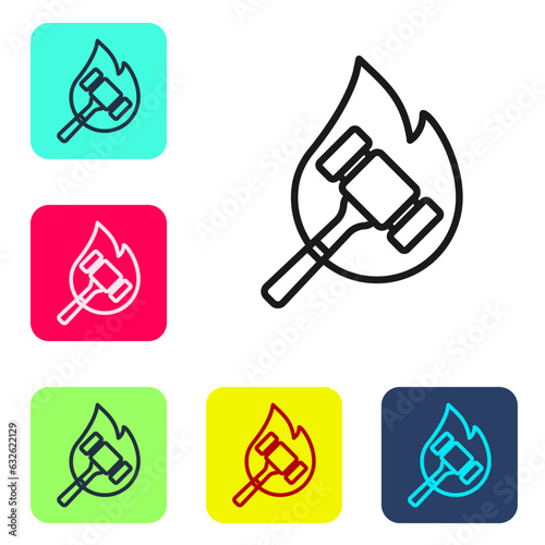 Black line Auction hammer icon isolated on white background. Gavel - hammer of judge or auctioneer. Bidding process, deal done. Auction bidding. Set icons in color square buttons. Vector