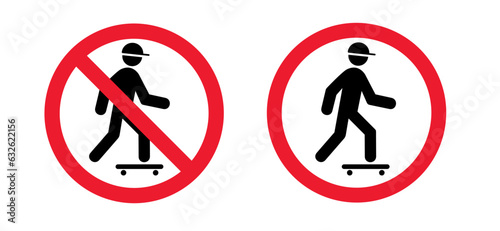 No skateboarding. Stop do not skateboard zone pictogram. Forbidden for Skateboards icon. Forbid depicting banned activities. Stop halt allowed, no ban signboard. Flat vector no skater sign.