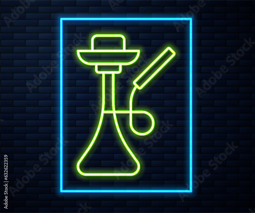 Glowing neon line Hookah icon isolated on brick wall background. Vector