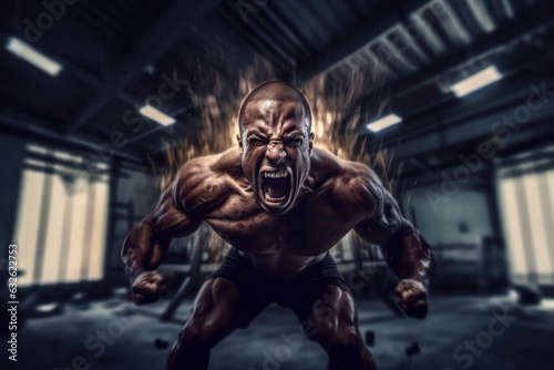 An energetic photo of a bodybuilder engaging in a high-intensity workout, capturing their raw power and determination. Generative Ai © bluebeat76
