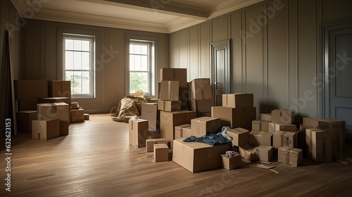 Unfurnished room with many large carton box. AI generative. © vadymstock
