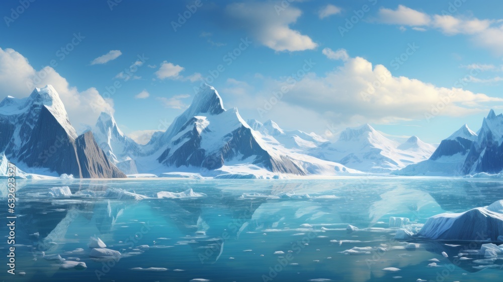 a large body of water surrounded by mountains and icebergs. generative ai