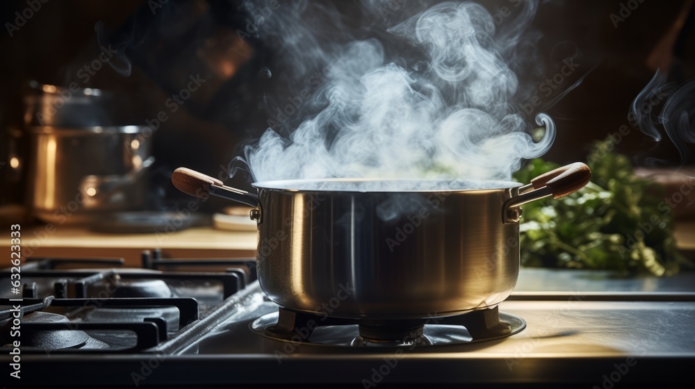 A pot on a stove with steam coming out. AI generative. A pot on a stove with steam coming out. AI generative.