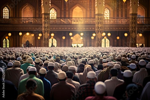 Congregation of Muslims Standing Together in Worship at the Holy Mosque in Arab Asia: Generative AI