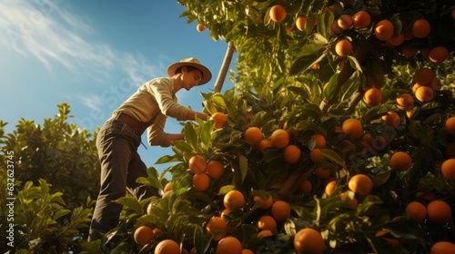 Person picking oranges from tree. AI generative.