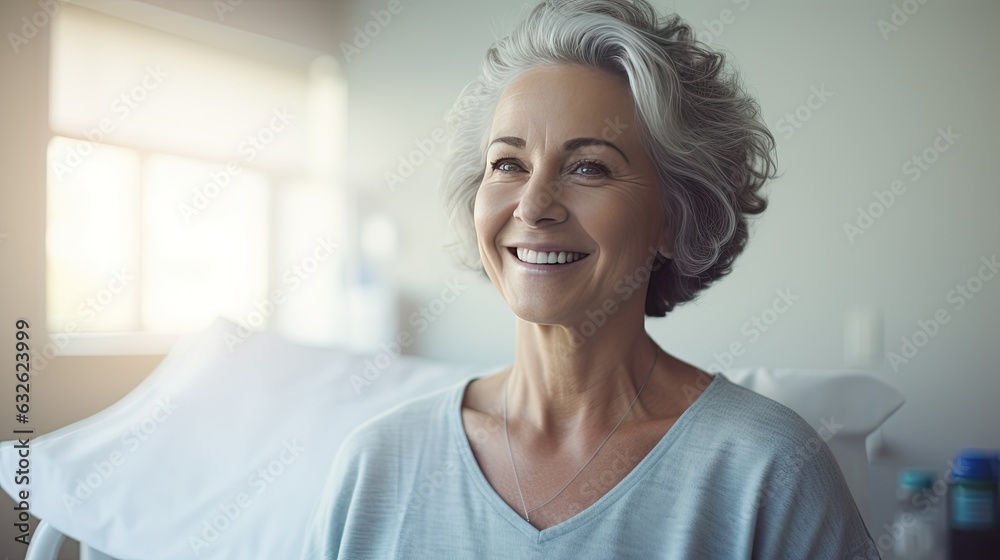 An image featuring a stunning, mature American woman in a hospital clinic room, reclining on a bed while receiving positive news. Her beaming smile makes this an excellent choice for inclusion in adve