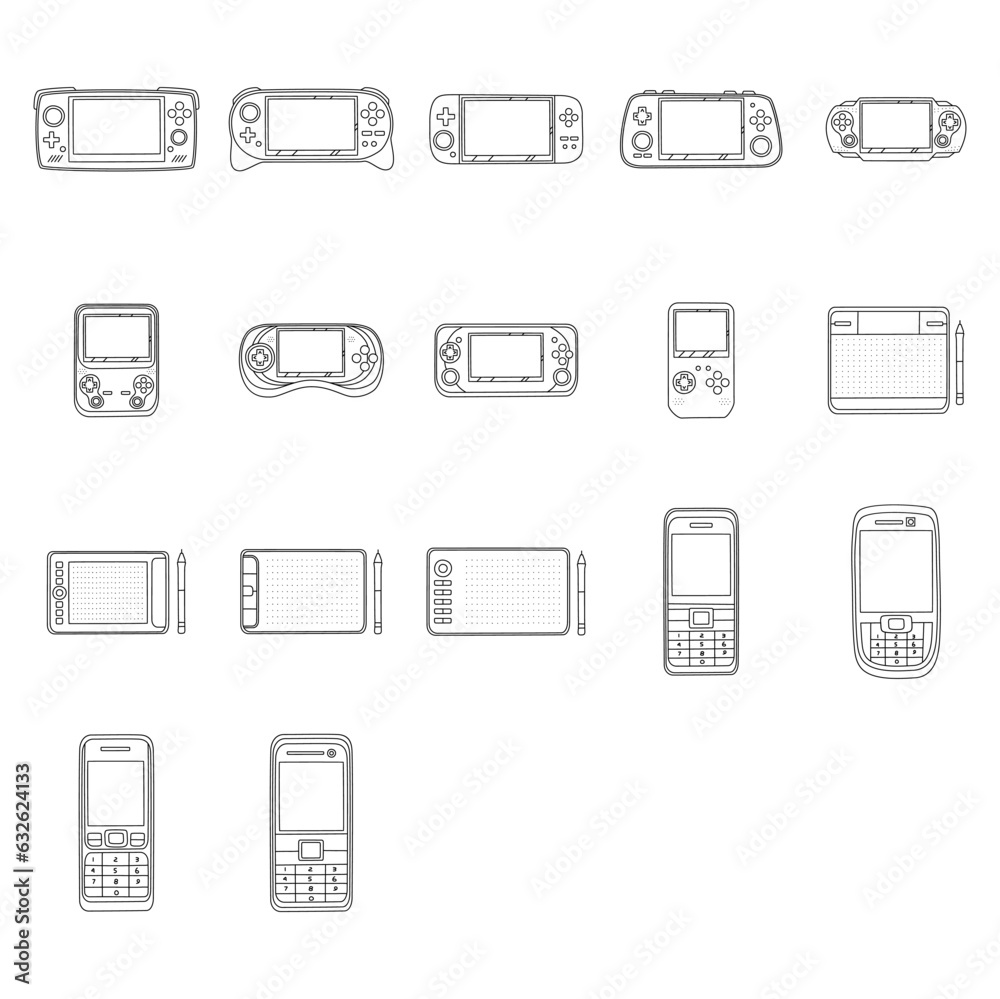 Gadgets doodle set. portable game console, drawing tablet, mobile phone in sketch style. Hand drawn vector illustration isolated on white background Gadgets doodle set. portable game console, drawing tablet, mobile phone in sketch style. Hand drawn vector illustration isolated on white background