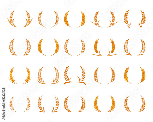 Flat Vector Agriculture - Cereal Wreath, Wheat Set Isolated. Organic Wheat, Rice Ears. Design Template for Bread, Beer Logo, Packaging, Labels