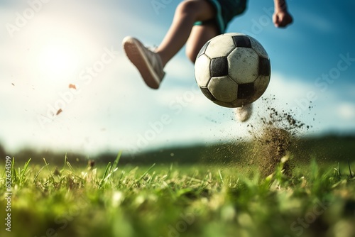 Child a boy is playing soccer. The boy is kicking the ball barefoot on the grass © Daniel Jędzura