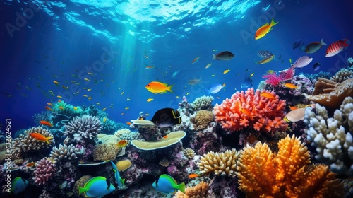 colorful assorted tropical fish and coral on australia's great barrier reef underwater marine biodiversity ecology generative AI