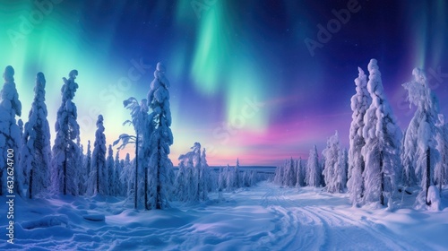 colorful aurora borealis northern lights dancing and swirling in night sky above snowy remote lapland forest, finland generative AI © Brandon