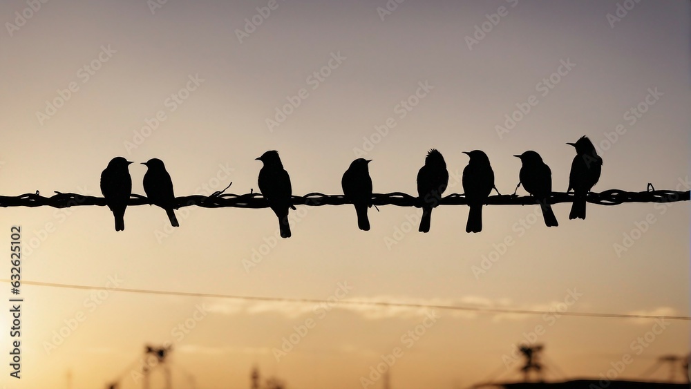 Birds silhouetted on a wire next to each other. Birds silhouetted on a wire next to each other.