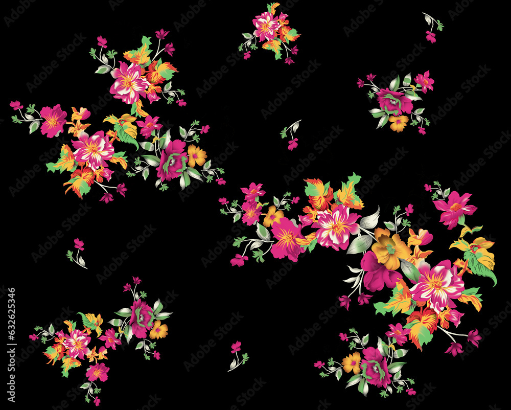 Set of pattern elements with stylized ornamental flowers in retro, vintage style. Jacobin embroidery. Colored vector illustration In pink
