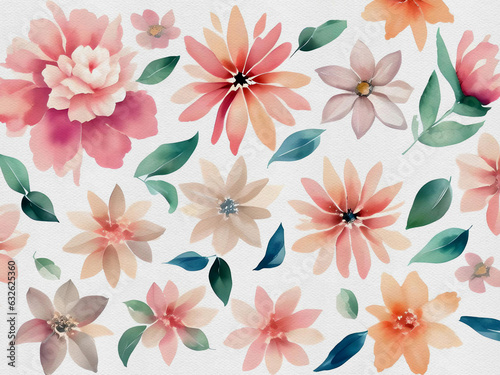 watercolor painting of flowers on white paper background, abstract floral background. AI Generated.