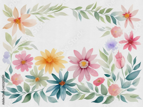 Watercolor floral wreath on white paper background. AI Generated.