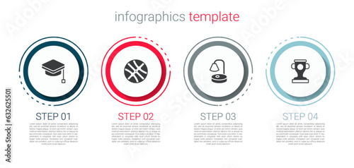 Set Graduation cap, Basketball ball, Table lamp and Award cup. Business infographic template. Vector