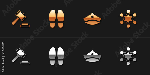 Set Judge gavel, Footsteps, Police cap with cockade and Hexagram sheriff icon. Vector