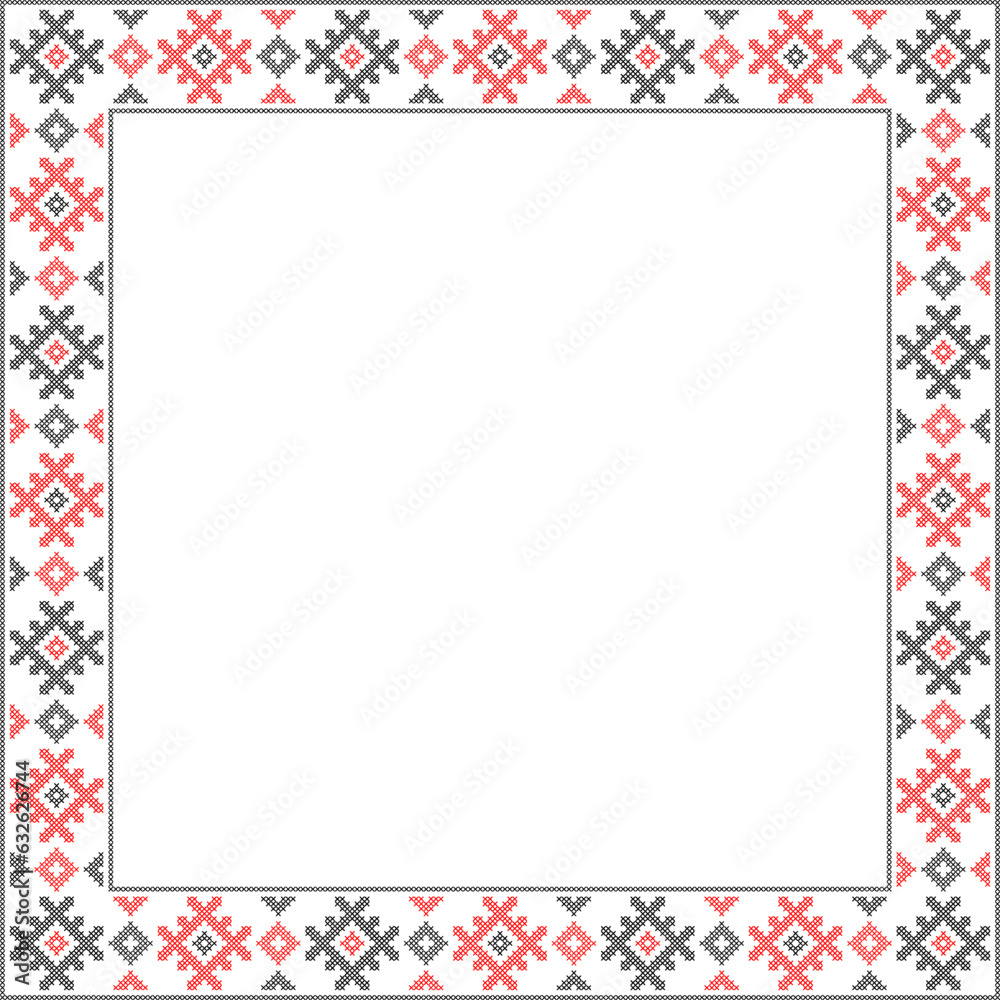 Fototapeta premium Vector illustration of Ukrainian ornament in stylized style, identity, vyshyvanka, embroidery for print clothes, websites, banners. Background. Frame for text