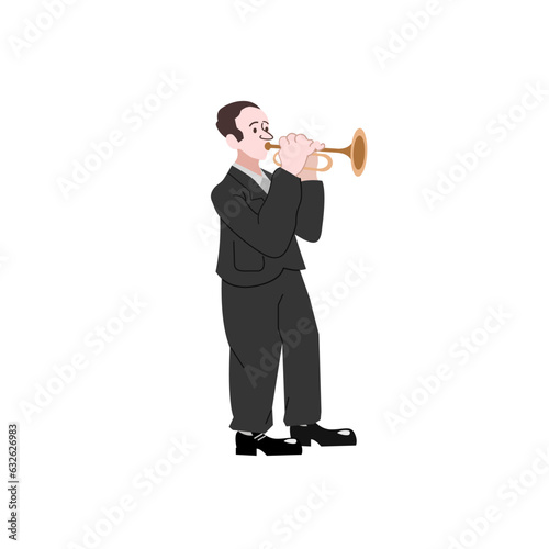 Male musician playing trumpet, trumpeter wearing black elegant suit playing classical music vector Illustration on a white background eps 10