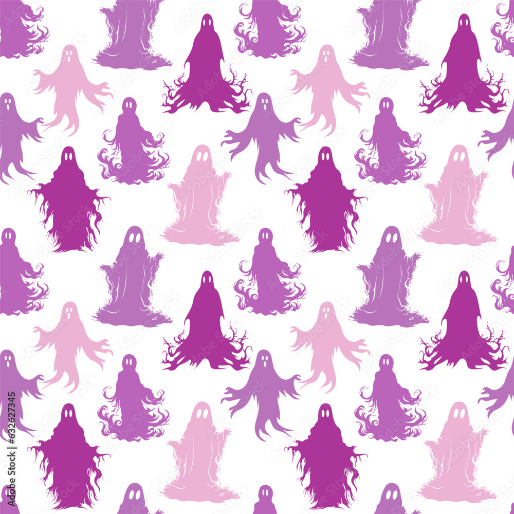 Fototapeta premium Halloween cute ghosts silhouette seamless pattern. Autumn vector illusration.