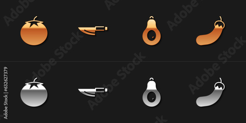 Set Tomato, Knife, Avocado and Eggplant icon. Vector