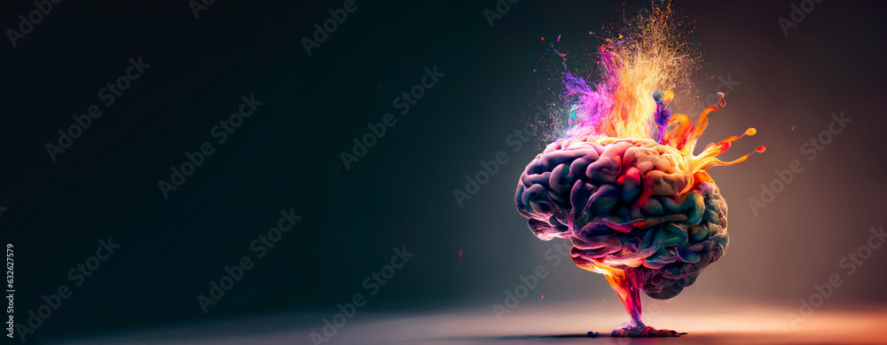 concept of a human brain full with creativity, shows multiple colors and action - obrazy, fototapety, plakaty 