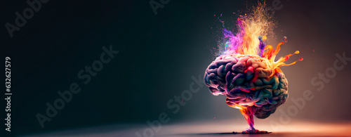 concept of a human brain full with creativity, shows multiple colors and action photo