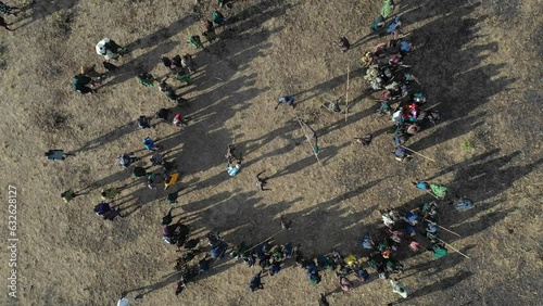 Aerial view of suri tribe warriors fighting during a donga Omo Ethiopia