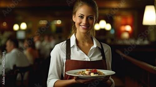 At an opulent luxury restaurant, a radiant, young server waitress wears a smile as she adroitly carries a tray showcasing plates of sumptuous food, elegantly delivering the culinary delights to a wait photo