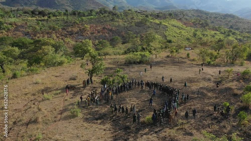 Aerial view of suri tribe warriors fighting during a donga Omo Ethiopia photo