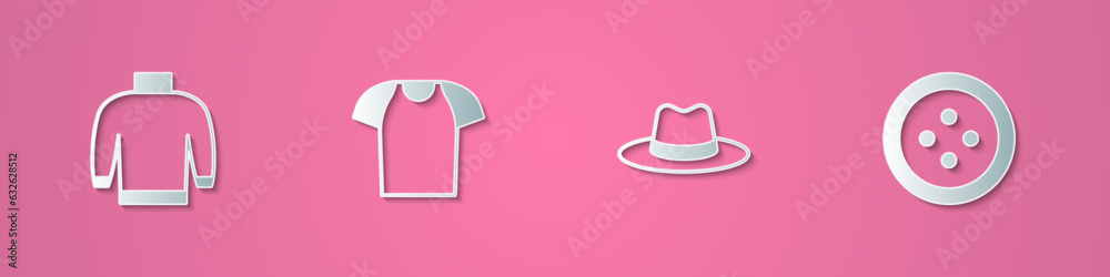 Set paper cut Sweater, T-shirt, Man hat and Sewing button for clothes icon. Paper art style. Vector Set paper cut Sweater, T-shirt, Man hat and Sewing button for clothes icon. Paper art style. Vector