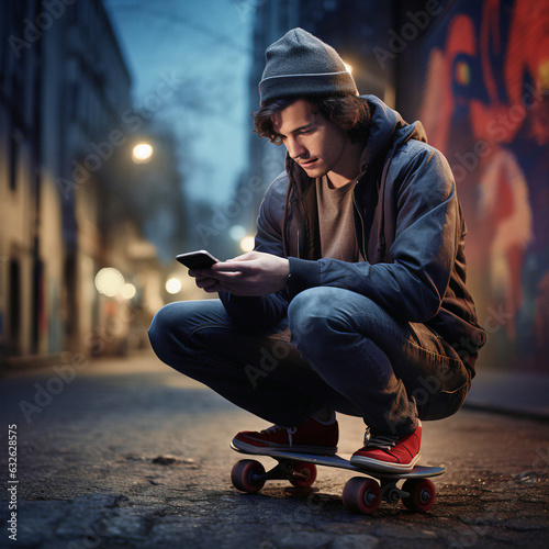 person with skateboard and looking at s phone photo