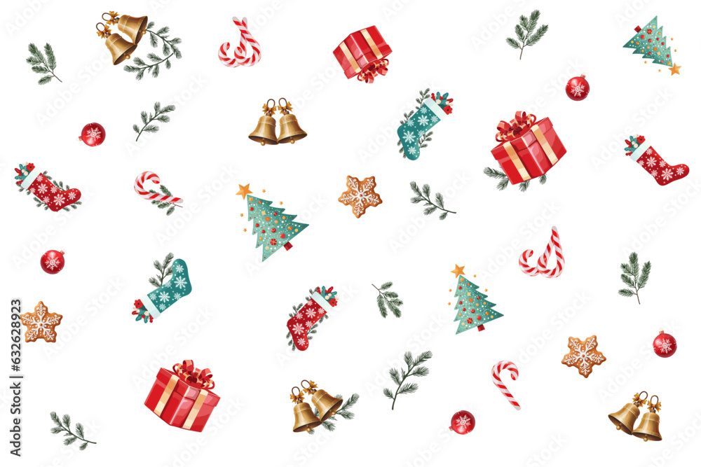 Christmas pattern of a gift, gingerbread, Christmas tree, bells, lollipops, stockings, Christmas tree toys. Seamless vector illustration
