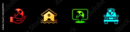 Set Umbrella in hand, House flood, and Car insurance icon. Vector