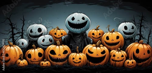 A group of jack and sally pumpkins. AI. photo