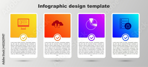 Set Data analysis, Cloud download and upload, Pie chart infographic and Server security with padlock. Business infographic template. Vector