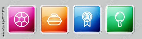 Set line Football ball, Stone for curling sport game, Medal and Racket playing table tennis. Colorful square button. Vector