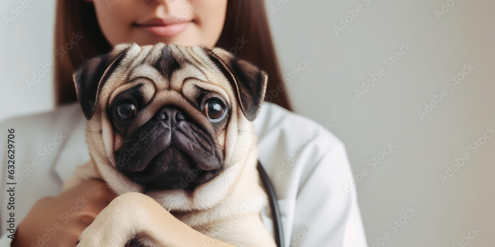Pretty woman veterinarian doctor with stethoscope holding cute pug dog puppy in veterinary clinic, blurred background, copy space, close-up.