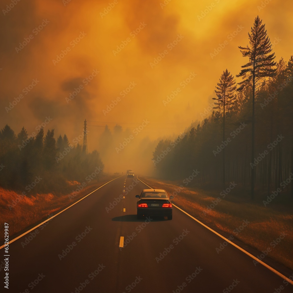 Car driving on a road next to a burning forest