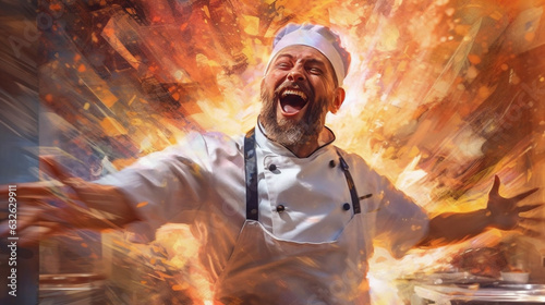 excited happy smiling chef in kitchen with arms outstretched, illustration in abstract impressionism style. Generative AI.