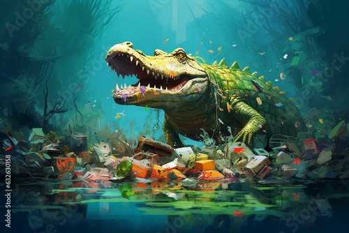 A crocodile sitting on trash under water