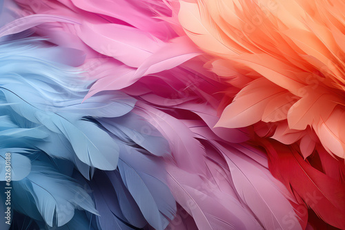 Pastel colour feather abstract background wallpaper. Many multicolored feathers in pastel light colors palette. © dinastya