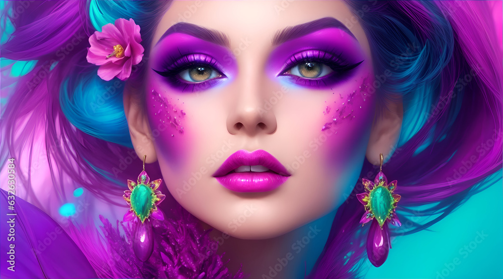 Captivating Fashion Model Portrait: Neon Fantasy Makeup Art for Cosmetics & Beauty Ads. Bold Glance & Vibrant Colors. Perfect for Advertising & Design. Generative AI-Crafted Content.