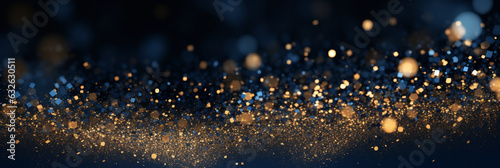 Christmas background with golden dust and twinkling bokeh lights on blue background. Generative Ai.