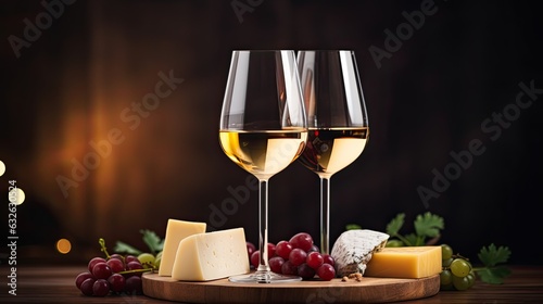 glasses of white wine with cheese generative AI photo