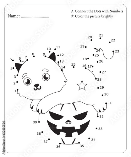 A cute connect the dots cat and pumpkin coloring game for kids during halloween autumn season fun