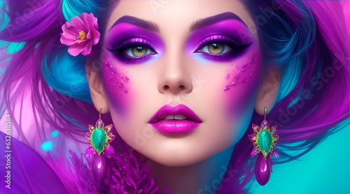 Captivating Fashion Model Portrait  Neon Fantasy Makeup Art for Cosmetics   Beauty Ads. Bold Glance   Vibrant Colors. Perfect for Advertising   Design. Generative AI-Crafted Content.