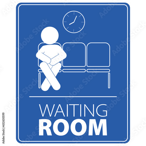 Printable label sicker design of Waiting Room Sign in white blue rectangle square with illustration man sitting on bench chair and clock showing time on the wall