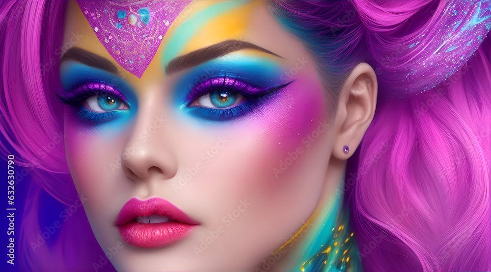 Captivating Fashion Model Portrait with Vibrant Fantasy Makeup and Neon Colors. Bold and Alluring Beauty Art for Cosmetics and Beauty Salon Advertising. Stunning Generative AI-Enhanced Design Captivating Fashion Model Portrait with Vibrant Fantasy Makeup and Neon Colors. Bold and Alluring Beauty Art for Cosmetics and Beauty Salon Advertising. Stunning Generative AI-Enhanced Design