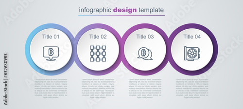 Set line Bitcoin, Blockchain technology, and Video graphic card. Business infographic template. Vector